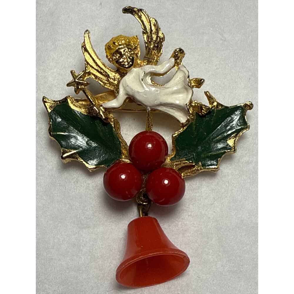 Vintage‎ Christmas Angel Holly and Bells Brooch PB146